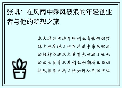 张帆：在风雨中乘风破浪的年轻创业者与他的梦想之旅